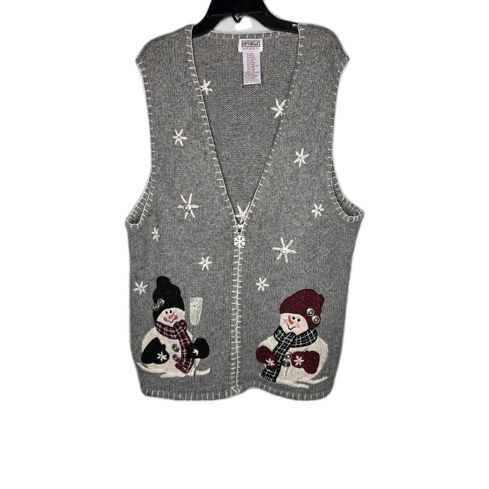 VTG PBJ Sport Knit Sweater Vest Womans 1X Christmas Holiday Winter Snowman Zip